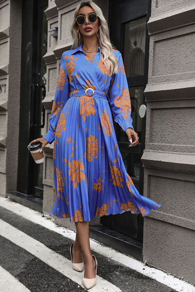 Blue Zone Planet |  Floral Pleated Surplice Long Sleeve Midi Dress BLUE ZONE PLANET