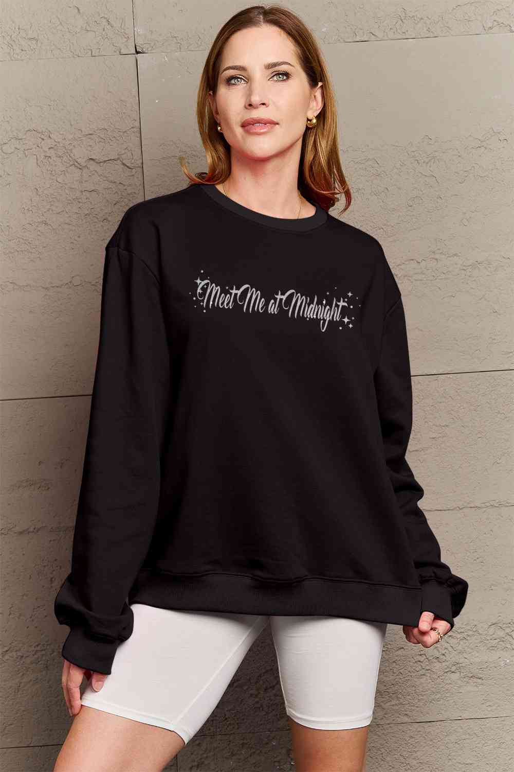 Simply Love Full Size MEET ME AT MIDNIGHT Graphic Round Neck Sweatshirt BLUE ZONE PLANET