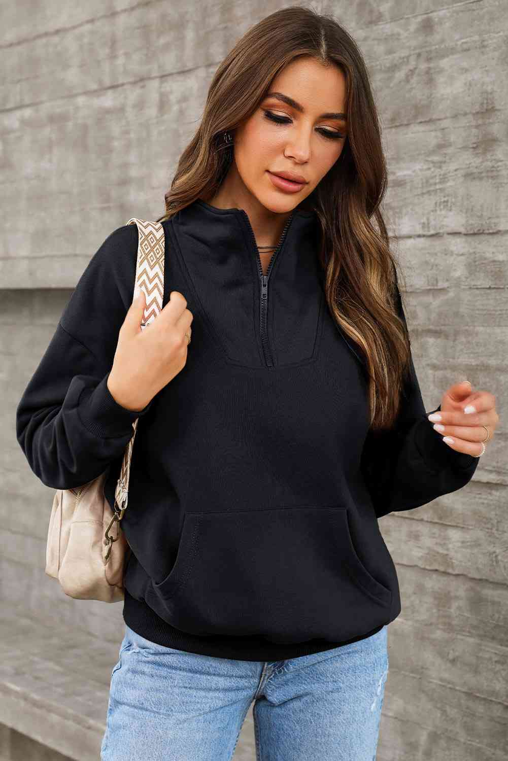 Half Zip Drop Shoulder Sweatshirt and Pocket BLUE ZONE PLANET