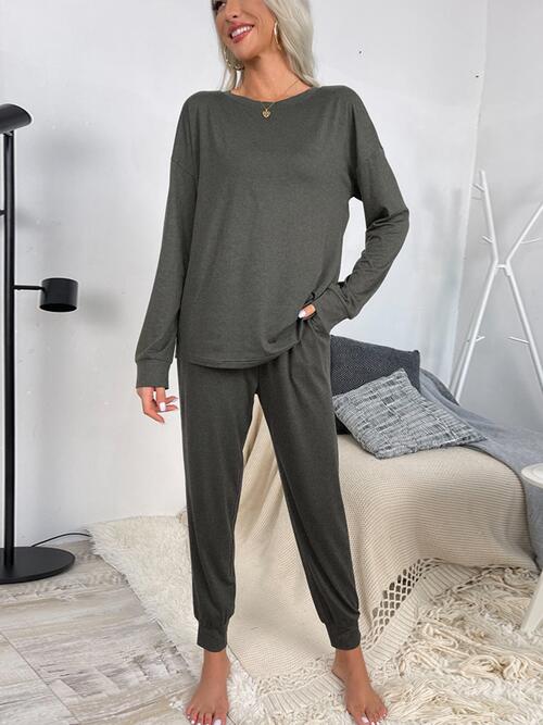 Round Neck Top and Drawstring Pants Lounge Set BLUE ZONE PLANET