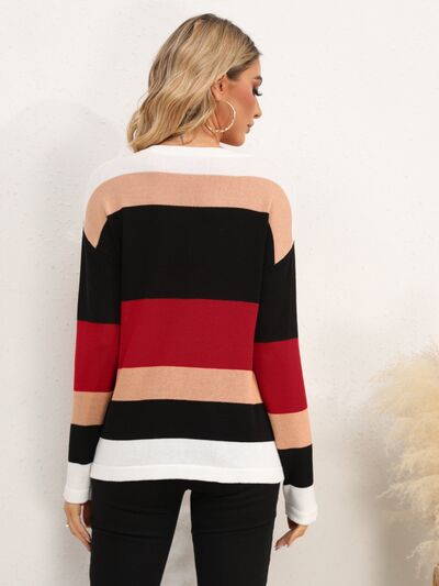 Striped Round Neck Dropped Shoulder Sweater BLUE ZONE PLANET