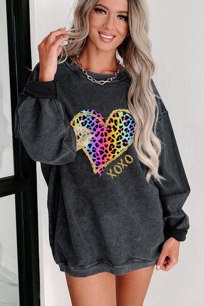 XOXO Leopard Round Neck Sweatshirt-TOPS / DRESSES-[Adult]-[Female]-2022 Online Blue Zone Planet