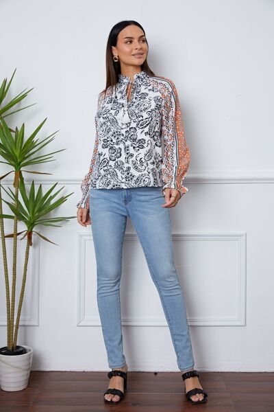 Tassel Tie Neck Printed Smocked Long Sleeve Blouse Trendsi