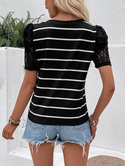 Striped Lace Detail Short Sleeve T-Shirt Trendsi