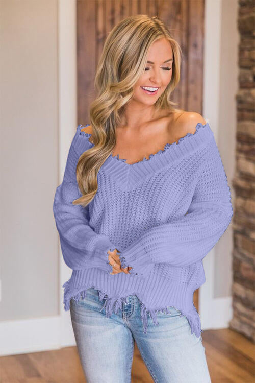 Frayed Hem Dropped Shoulder Sweater BLUE ZONE PLANET