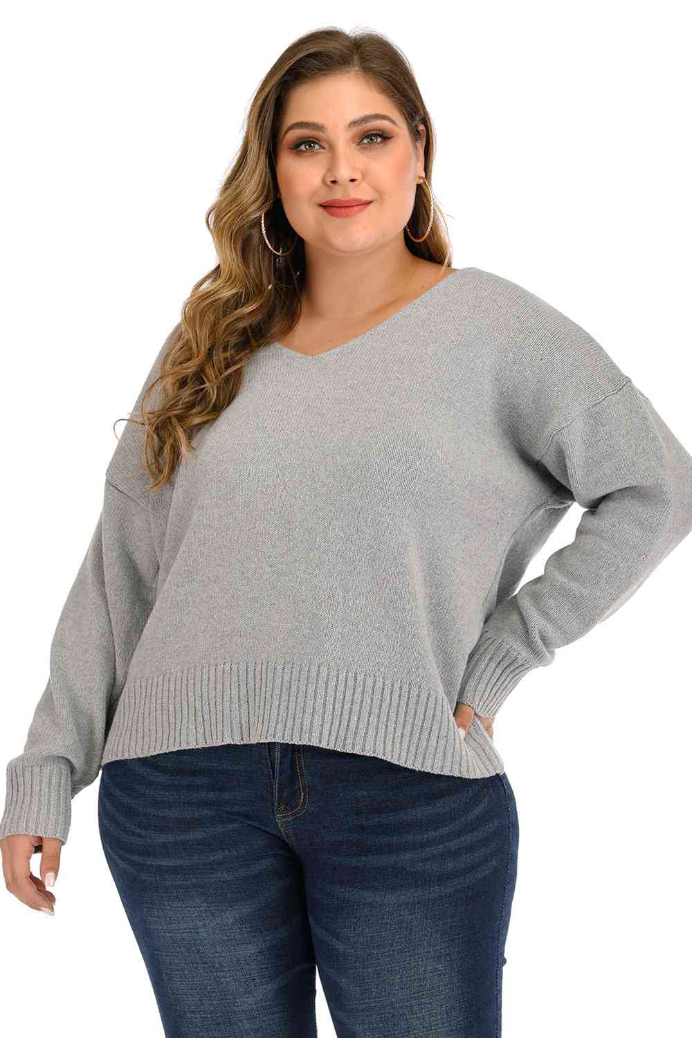 Plus Size V Neck Pullover Sweater BLUE ZONE PLANET