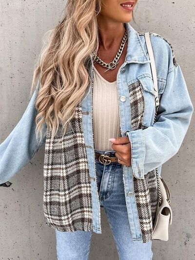 Plaid Button Up Dropped Shoulder Jacket BLUE ZONE PLANET