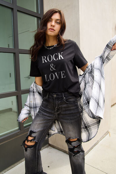 Simply Love Full Size ROCK ＆ LOVE Short Sleeve T-Shirt-TOPS / DRESSES-[Adult]-[Female]-Black-S-2022 Online Blue Zone Planet