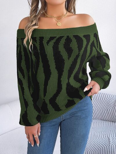 Blue Zone Planet |  Off-Shoulder Animal Print Long Sleeve Sweater BLUE ZONE PLANET