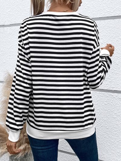 Heart Patch Striped Round Neck Long Sleeve Sweatshirt BLUE ZONE PLANET