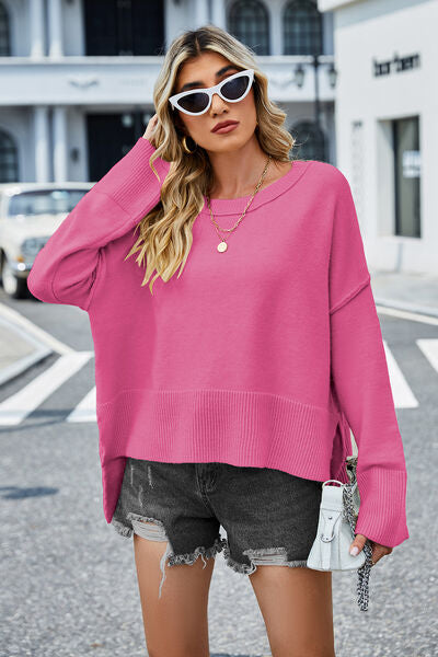 High-Low Slit Round Neck Long Sleeve Sweater BLUE ZONE PLANET