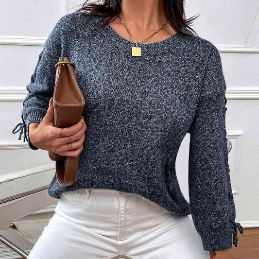 Lace-Up Long Sleeve Round Neck Sweater BLUE ZONE PLANET