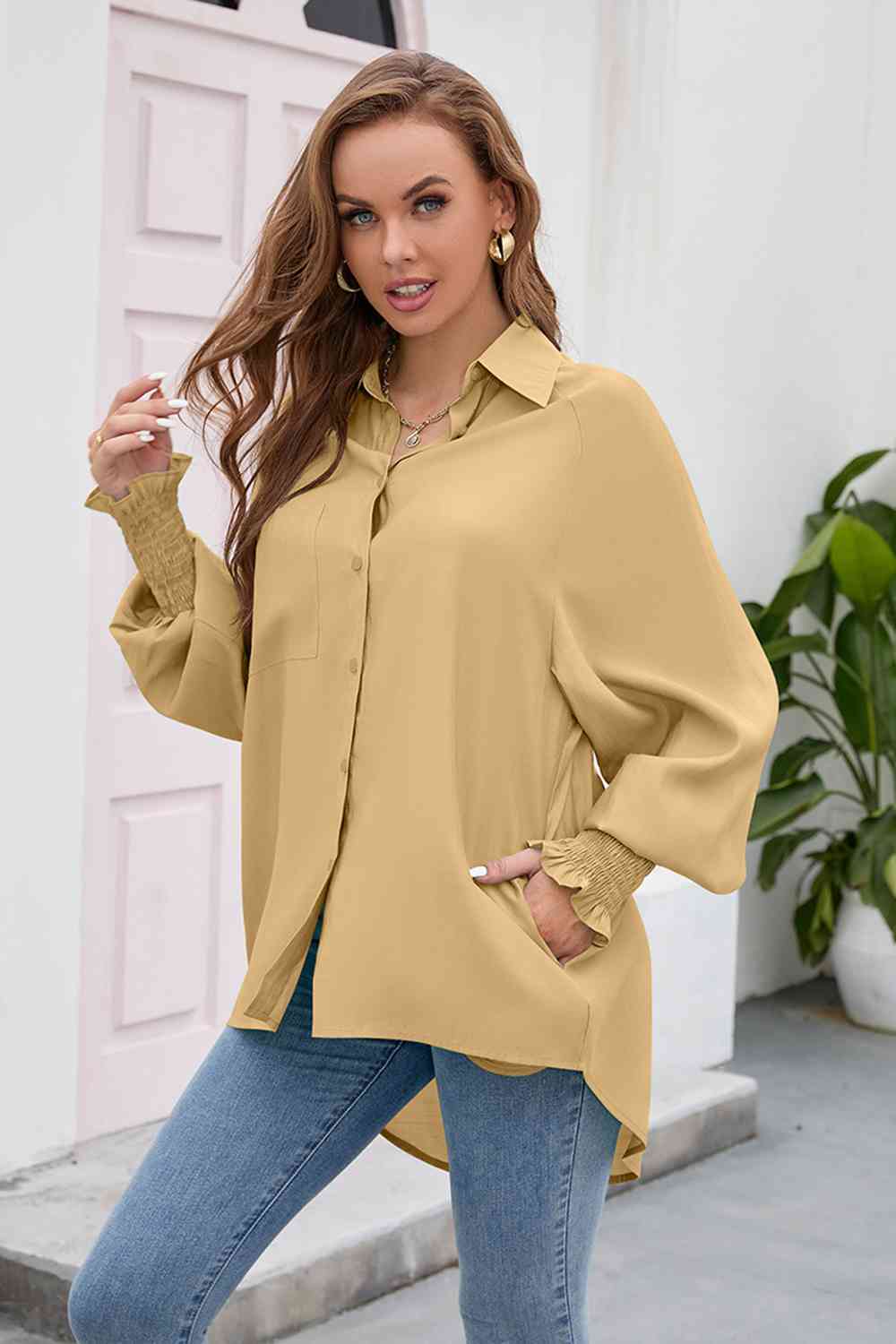 High-Low Collared Neck Lantern Sleeve Shirt BLUE ZONE PLANET