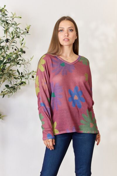 Hopely Full Size Floral V-Neck Long Sleeve Top BLUE ZONE PLANET