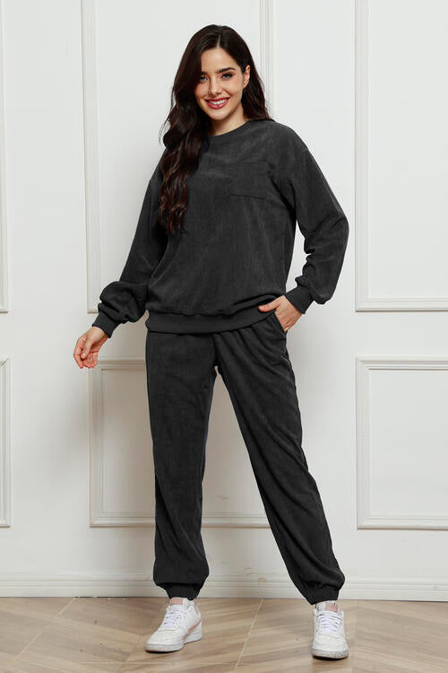 Round Neck Sweatshirt and Sweatpants Set BLUE ZONE PLANET