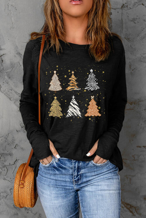 Christmas Tree Graphic Round Neck Long Sleeve T-Shirt BLUE ZONE PLANET