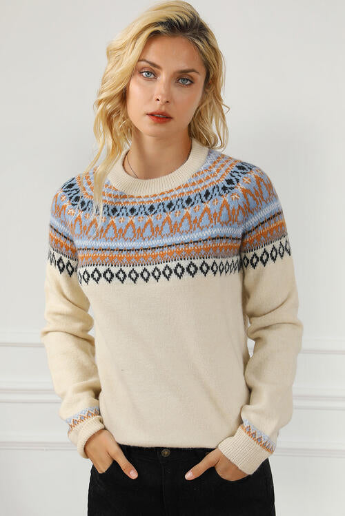 Geometric Round Neck Long Sleeve Sweater-TOPS / DRESSES-[Adult]-[Female]-Cream-S-2022 Online Blue Zone Planet
