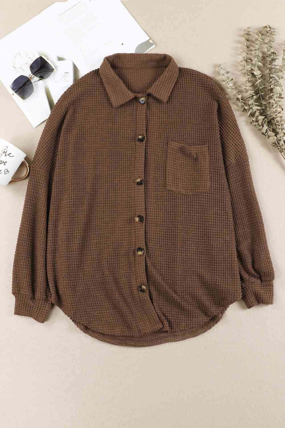 Waffle-Knit Button Up Long Sleeve Shirt with Pocket BLUE ZONE PLANET