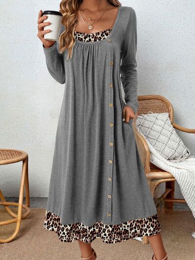 Plus Size Leopard Decorative Button Dress-TOPS / DRESSES-[Adult]-[Female]-Charcoal-1XL-2022 Online Blue Zone Planet