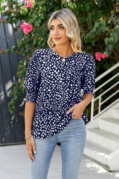 Blue Zone Planet |  Polka Dot Round Neck Lantern Sleeve Blouse BLUE ZONE PLANET