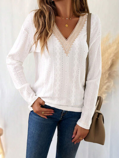 Eyelet V-Neck Dropped Shoulder T-Shirt Trendsi