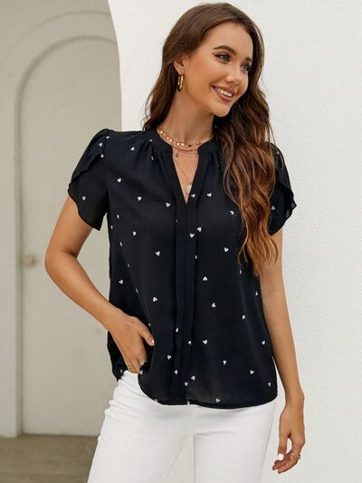 Blue Zone Planet |  Heart Print Notched Petal Sleeve Blouse BLUE ZONE PLANET