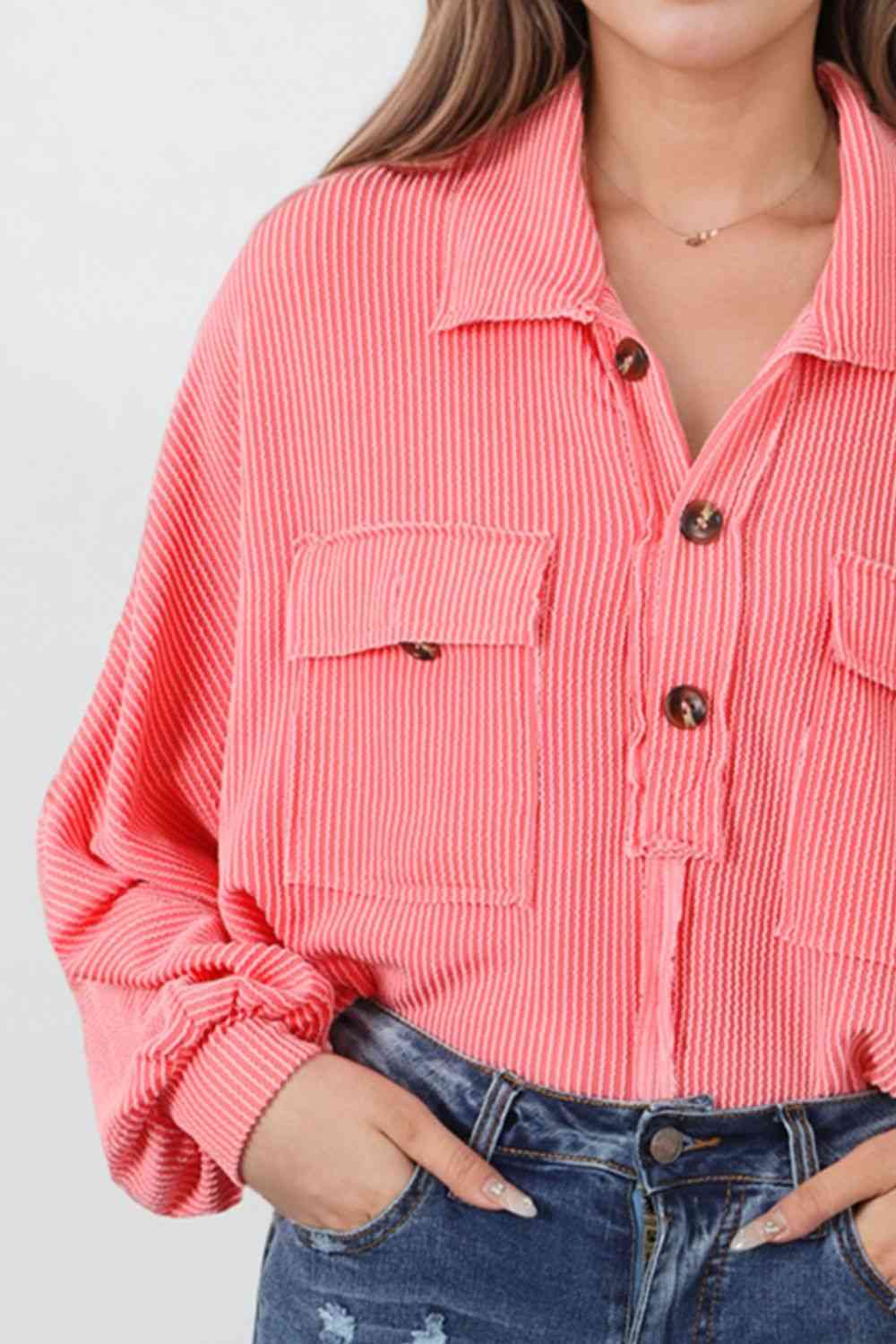 Buttoned Collared Neck Long Sleeve Top BLUE ZONE PLANET