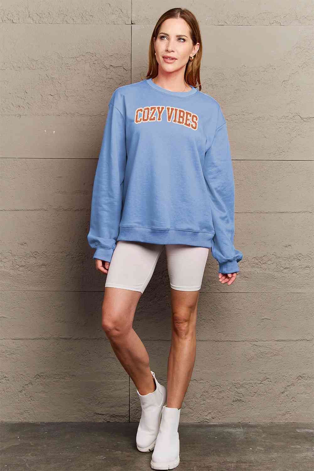 Blue Zone Planet |  Simply Love Full Size COZY VIBES Graphic Sweatshirt BLUE ZONE PLANET