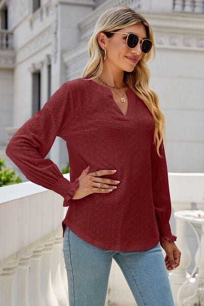 Eyelet Notched Lantern Sleeve T-Shirt Trendsi