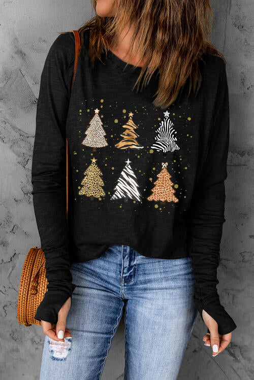 Christmas Tree Graphic Round Neck Long Sleeve T-Shirt BLUE ZONE PLANET