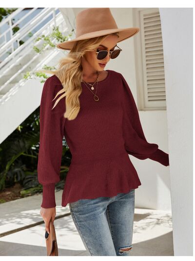 Ribbed Round Neck Lantern Sleeve Sweater Trendsi