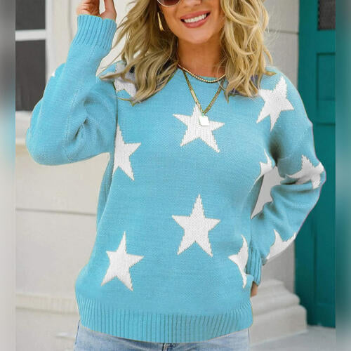 Star Pattern Round Neck Sweater BLUE ZONE PLANET