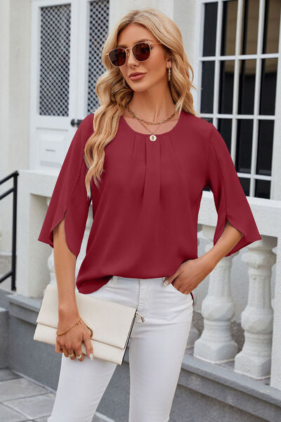 Blue Zone Planet |  Round Neck Slit Half Sleeve Top BLUE ZONE PLANET