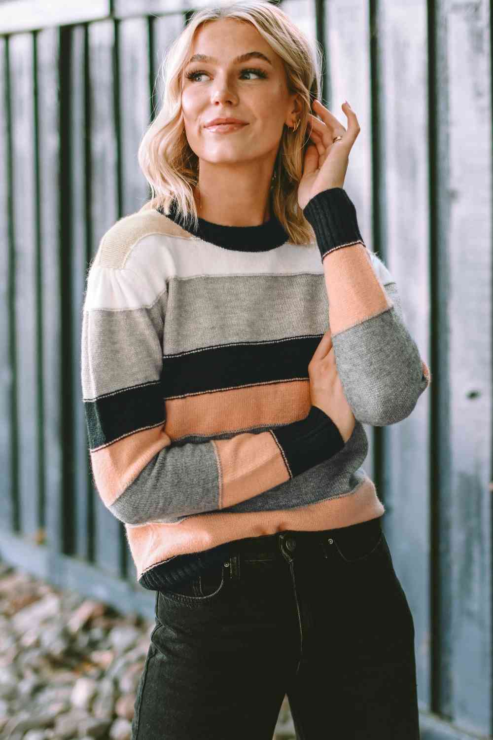 Striped Round Neck Long Sleeve Sweater BLUE ZONE PLANET