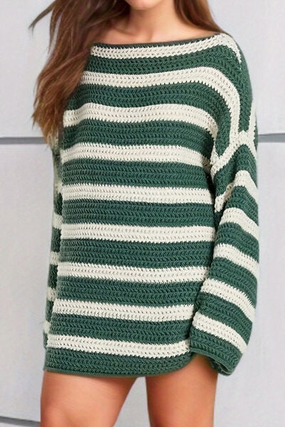 Striped Round Neck Dropped Shoulder Sweater-TOPS / DRESSES-[Adult]-[Female]-Mid Green-One Size-2022 Online Blue Zone Planet