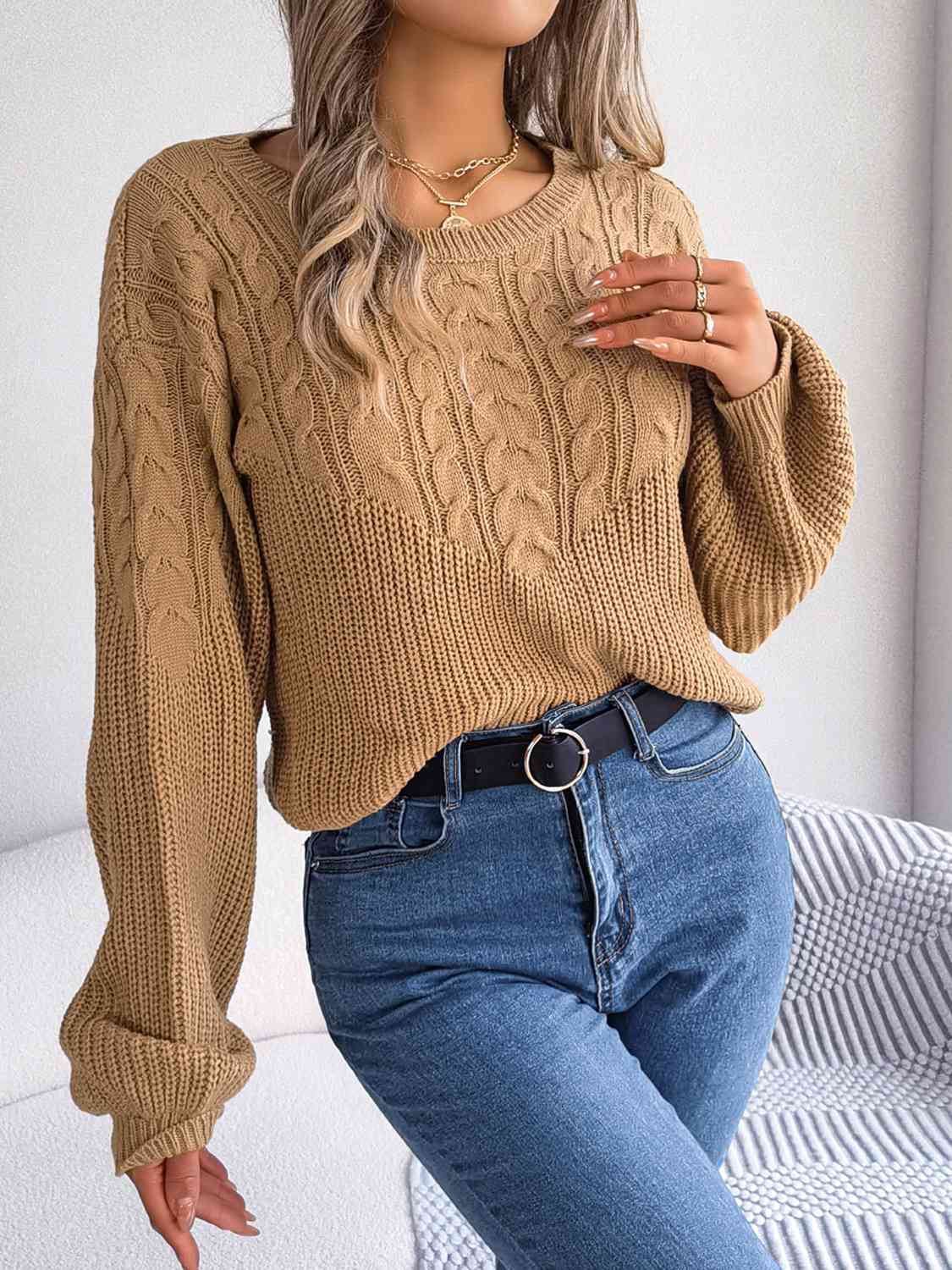 Cable-Knit Round Neck Drop Shoulder Sweater BLUE ZONE PLANET