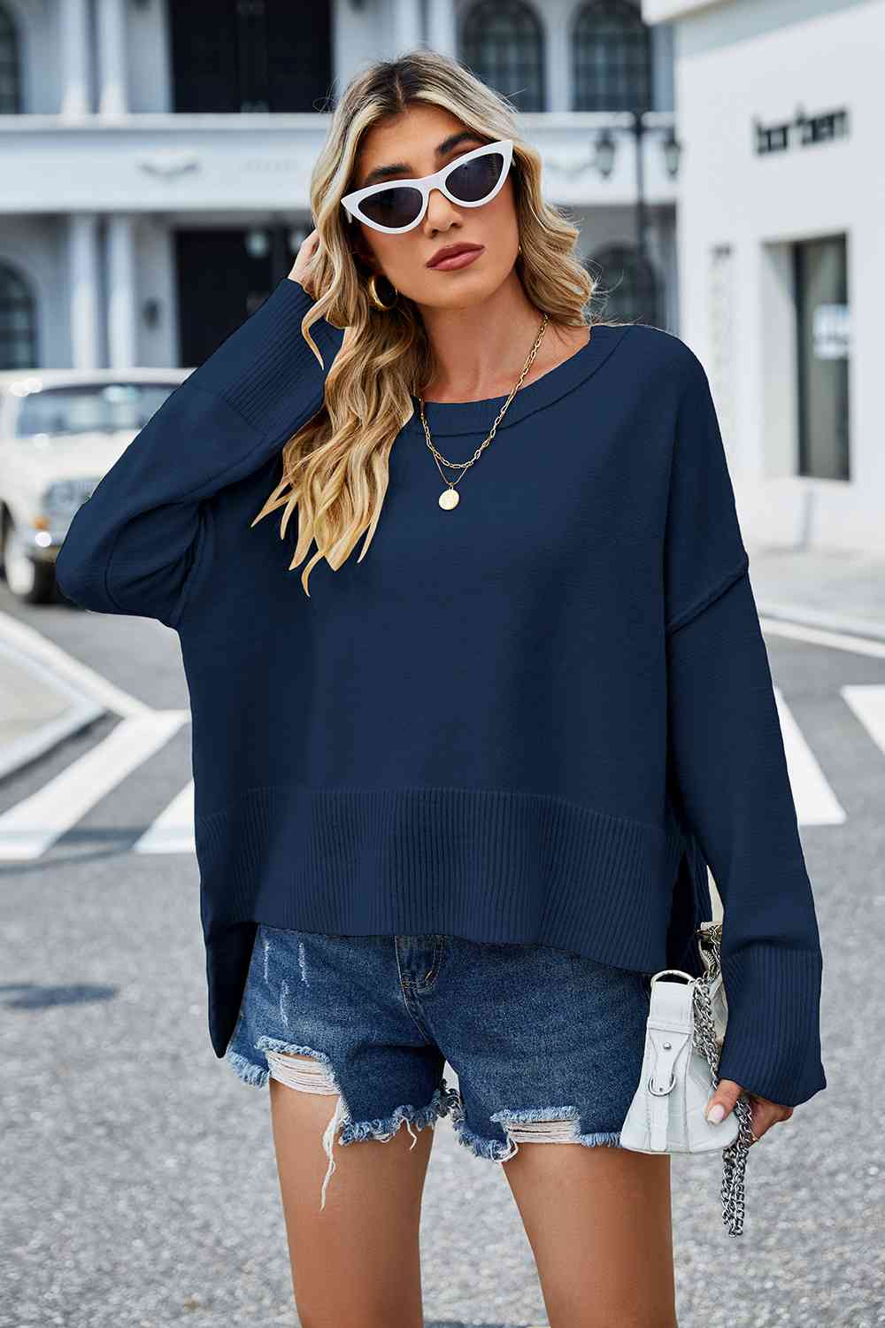 Round Neck Dropped Shoulder Slit Sweater BLUE ZONE PLANET