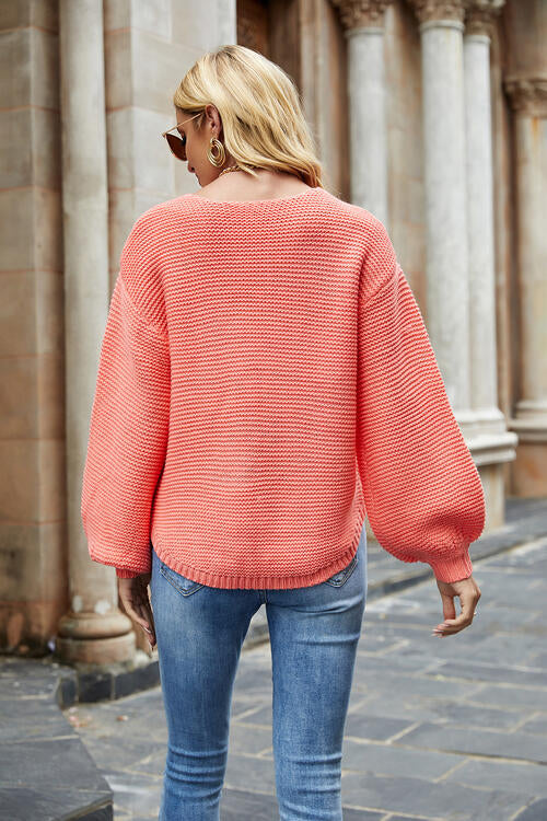 Round Neck Lantern Sleeve Sweater BLUE ZONE PLANET