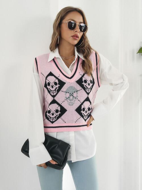 Skull Contrast V-Neck Sweater Vest BLUE ZONE PLANET