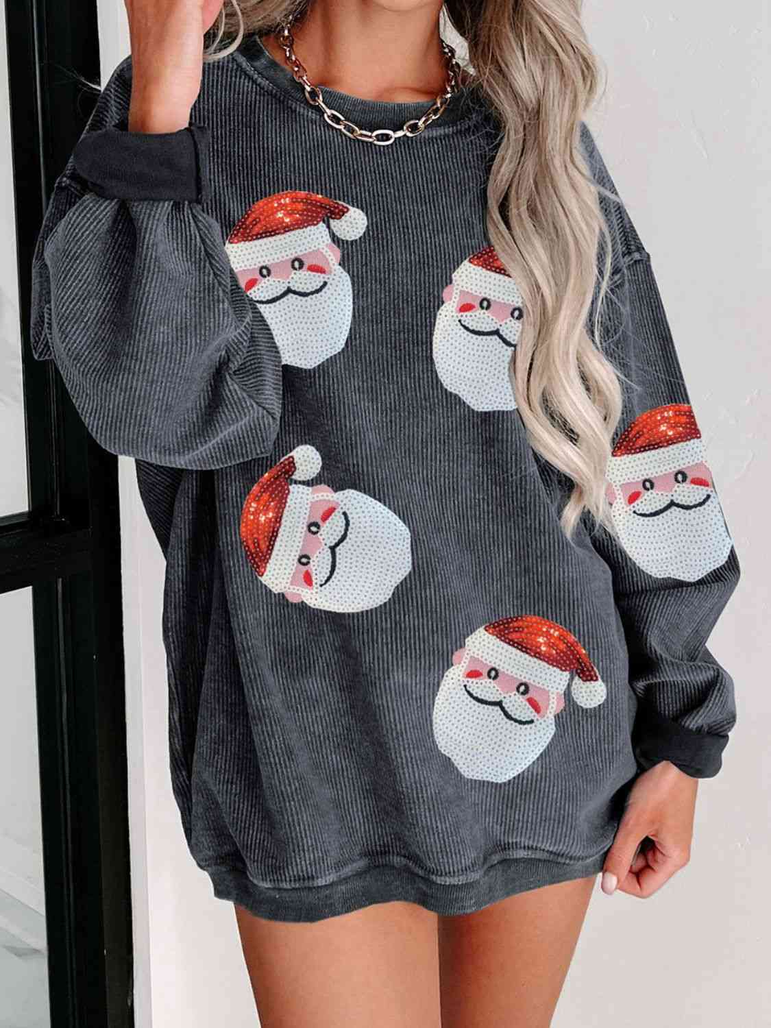 Sequin Santa Patch Ribbed Sweatshirt BLUE ZONE PLANET