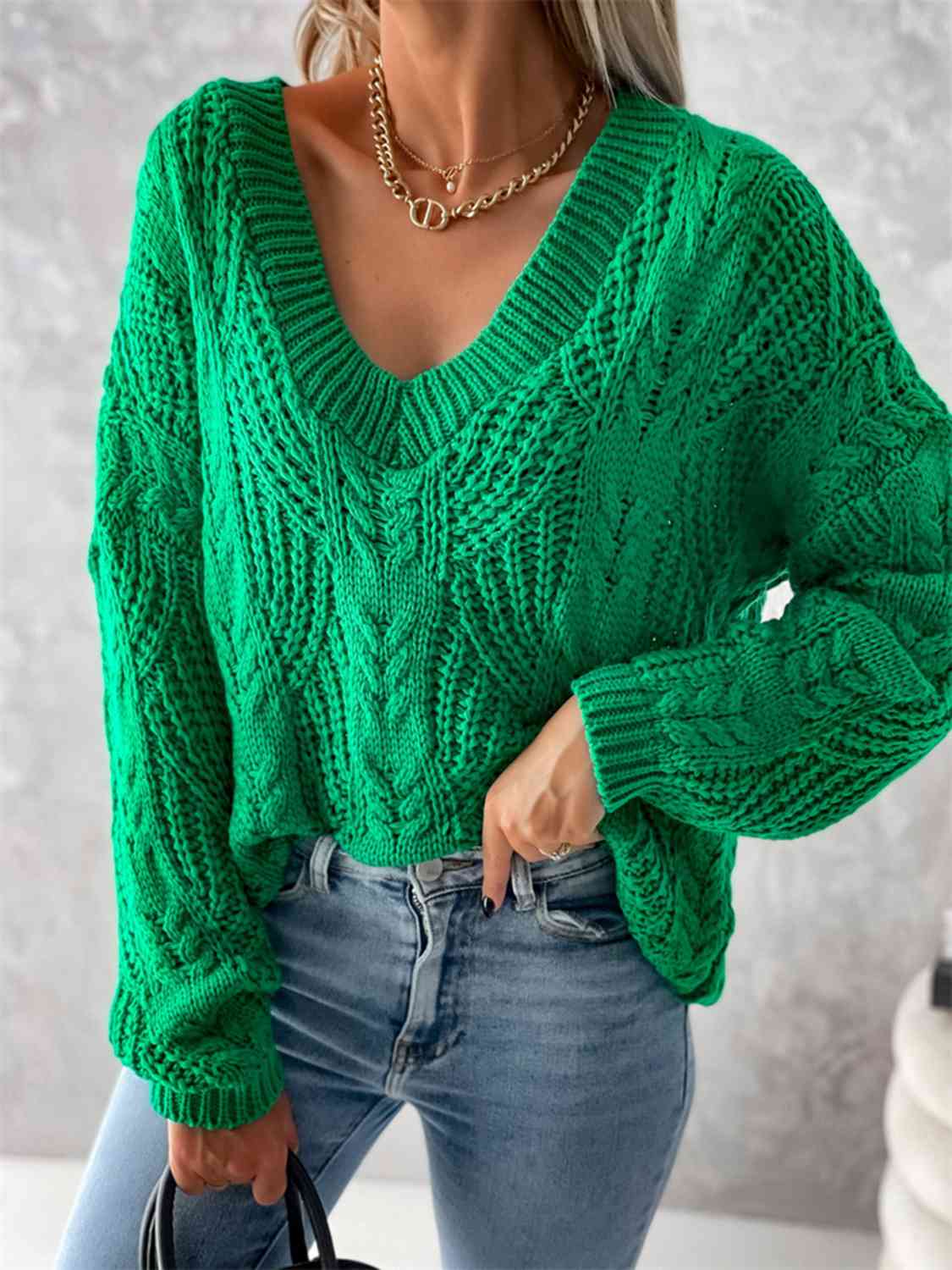 V-Neck Cable-Knit Long Sleeve Sweater BLUE ZONE PLANET
