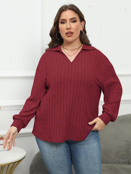 Plus Size Ribbed Collared Neck Long Sleeve Blouse BLUE ZONE PLANET