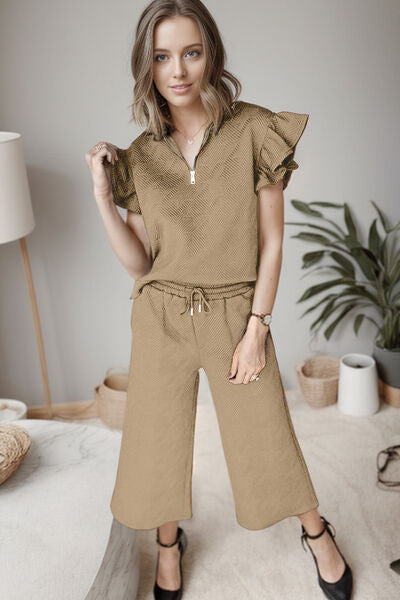 Ruffled Quarter Zip Top and Drawstring Pants Set Trendsi