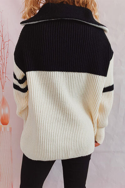 Quarter Zip Striped Dropped Shoulder Sweater Trendsi