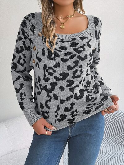 Leopard Buttoned Square Neck Sweater BLUE ZONE PLANET