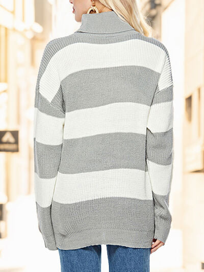 Striped Turtleneck Long Sleeve Sweater BLUE ZONE PLANET