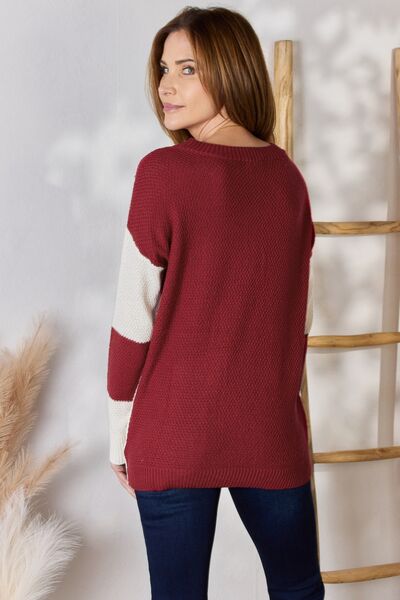 Hailey & Co Full Size Color Block Dropped Shoulder Knit Top Trendsi
