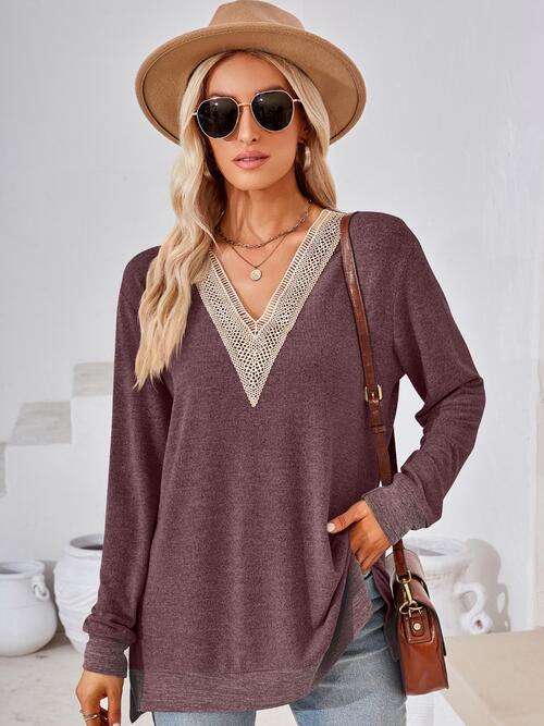 Crochet Contrast V-Neck Long Sleeve Slit T-Shirt BLUE ZONE PLANET