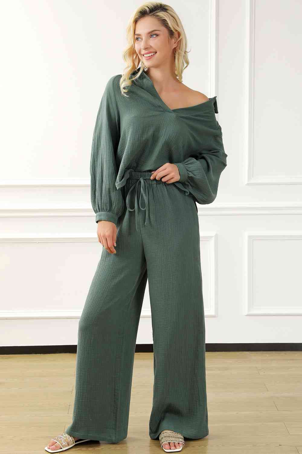 Collared Neck Top and Drawstring Pants Set BLUE ZONE PLANET