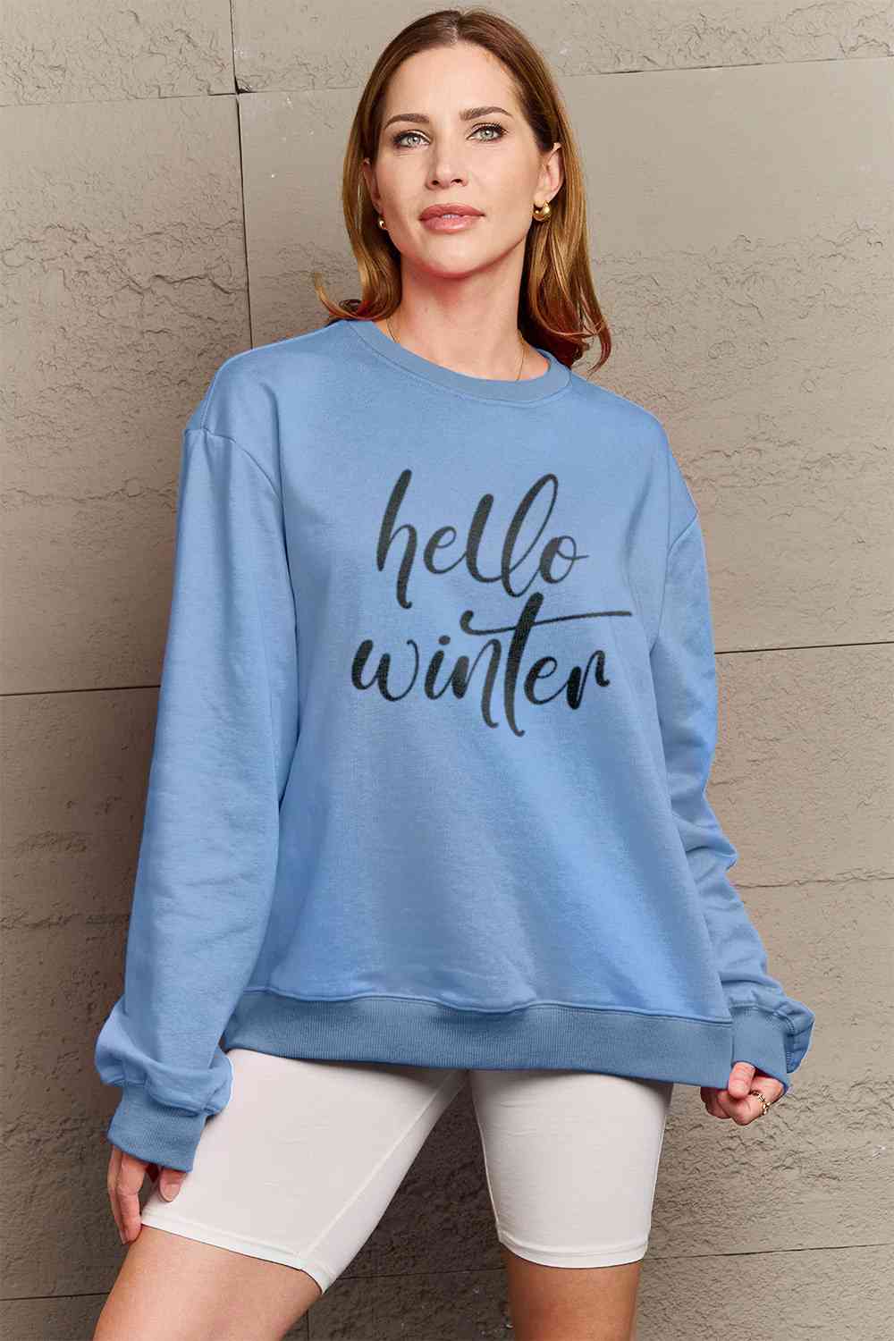 Simply Love Full Size HELLO WINTER Graphic Sweatshirt BLUE ZONE PLANET